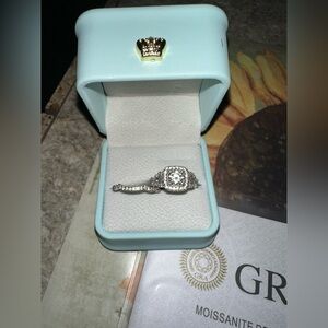 Sterling silver 925 Moissanite 3 stone halo wedding set GRA certificate included